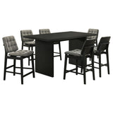 Decker Black 7-piece dining set, rectangular table with six grey tufted stools, set overview