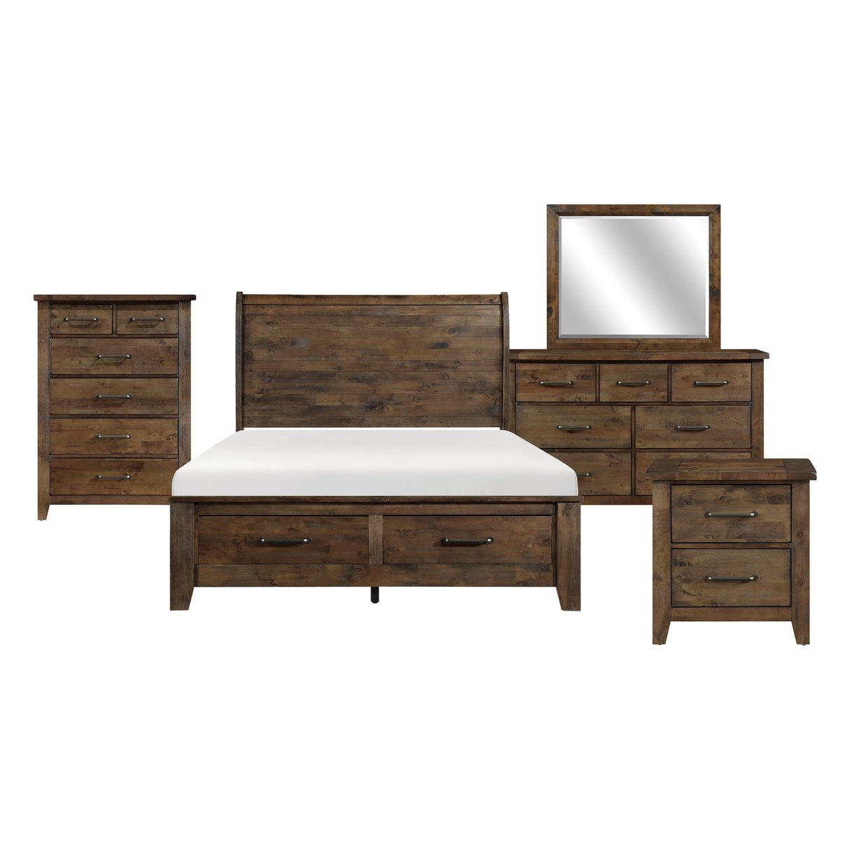Jerrick Burnished Brown 5-Piece Queen Sleigh Storage Platform Bedroom Set (Queen Bed, Nightstand, Dresser, Mirror, Chest) from Homelegance - Luna Furniture