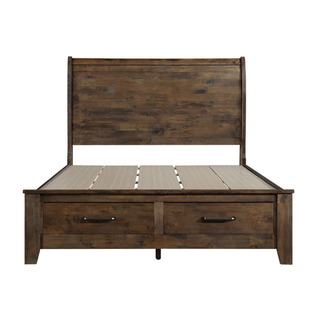Jerrick Burnished Brown Eastern King Sleigh Platform Bed with Footboard Storage from Homelegance - Luna Furniture