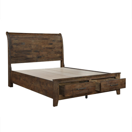 Jerrick Burnished Brown Eastern King Sleigh Platform Bed with Footboard Storage from Homelegance - Luna Furniture