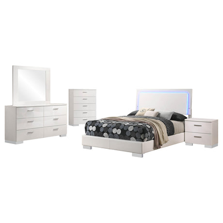 Felicity Glossy White 5-Piece Queen Bedroom Set with LED Headboard and Mirror from Coaster - Luna Furniture