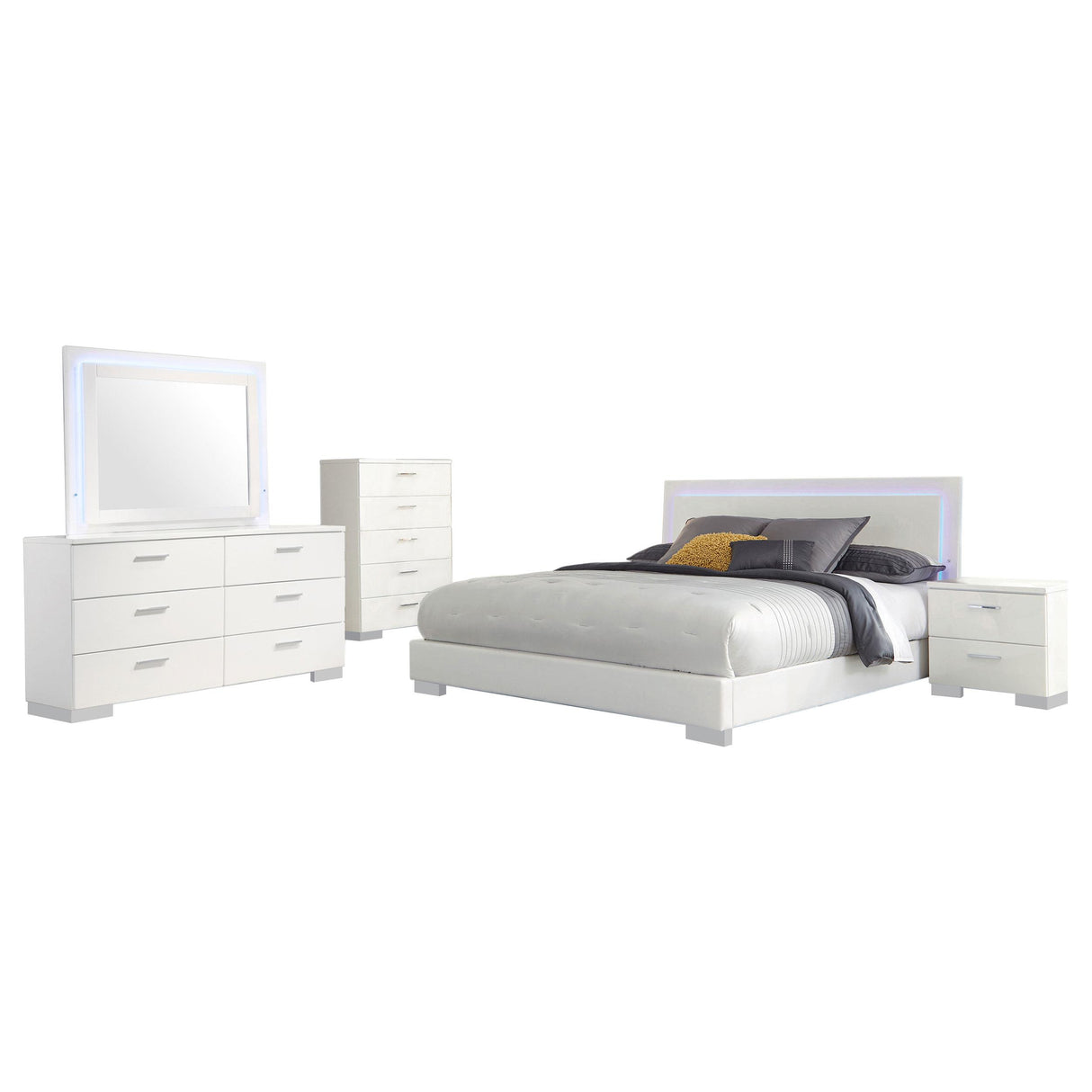 Felicity Glossy White 5-Piece Eastern King Bedroom Set with LED Light Headboard from Coaster - Luna Furniture
