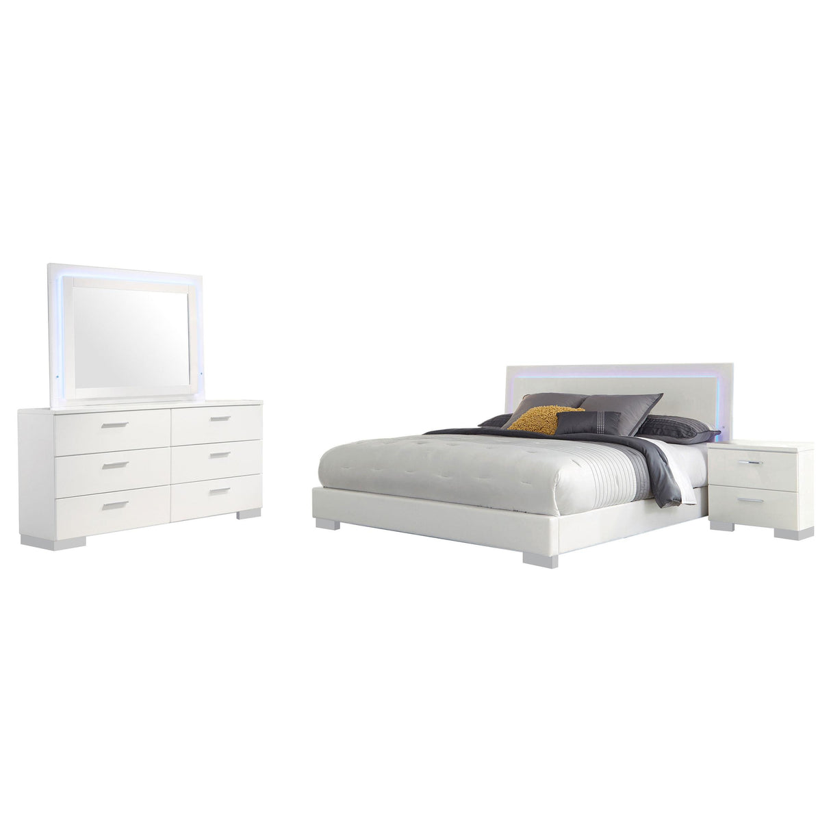 Felicity Glossy White 4-Piece Queen Bedroom Set with LED Headboard and Mirror from Coaster - Luna Furniture