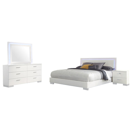 Felicity Glossy White 4-Piece Queen Bedroom Set with LED Headboard and Mirror from Coaster - Luna Furniture