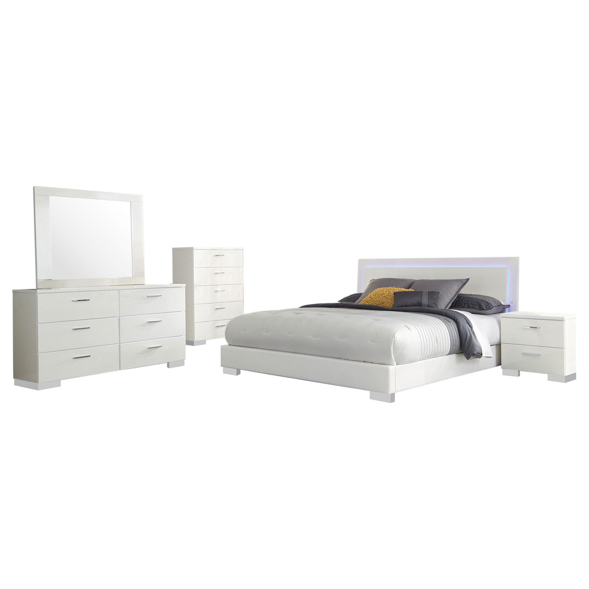 Felicity Glossy White 5-Piece Queen Bedroom Set with LED Mirror from Coaster - Luna Furniture