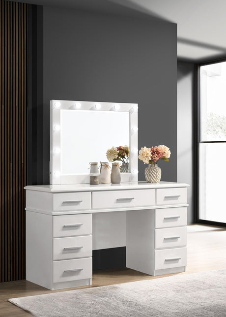 Felicity Glossy White 9-Drawer Vanity Desk with Lighted Mirror from Coaster - Luna Furniture