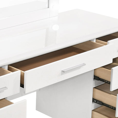 Felicity Glossy White 9-Drawer Vanity Desk with Lighted Mirror from Coaster - Luna Furniture