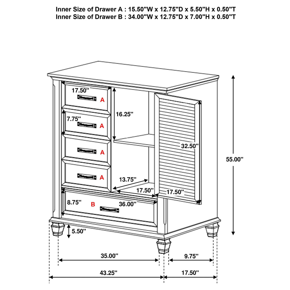 Franco Antique White 5-Drawer Door Chest from Coaster - Luna Furniture