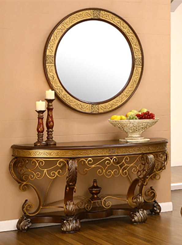 HD-2112 Mahogany/Metallic Gold Console Table W/ Mirror