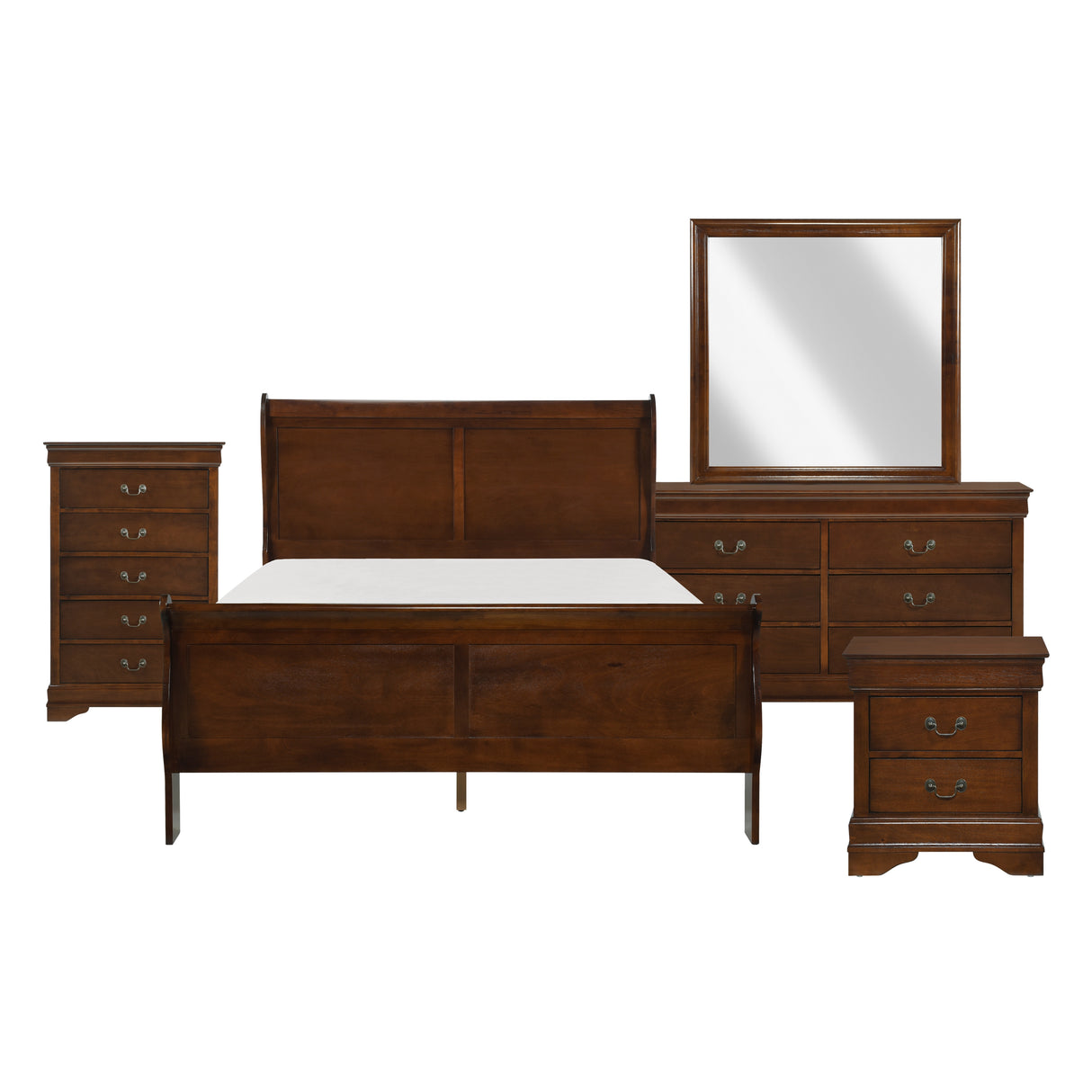 Mayville Brown Cherry 4-Piece Bedroom Set (Queen Bed, Nightstand, Dresser, Mirror)
