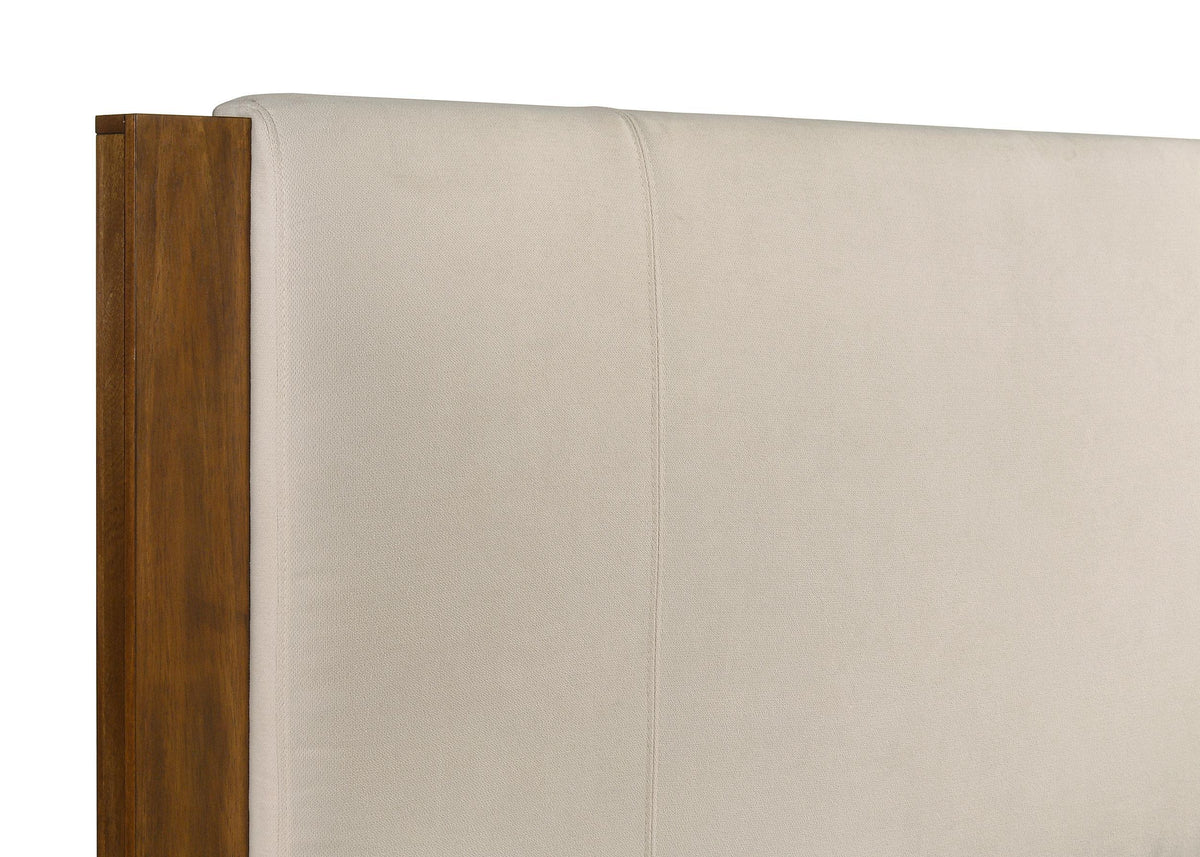 Adderley Warm California King bed, upholstered headboard close-up, beige fabric and wood trim