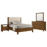 Adderley Warm Brown 4-Piece Queen Bedroom Set, bed with nightstand and dresser mirror, studio view