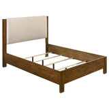 Adderley Warm queen bed, upholstered beige headboard and wood frame, three-quarter view