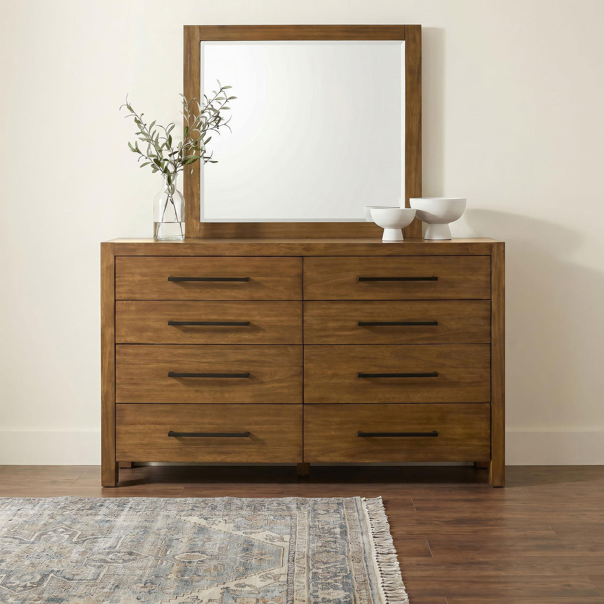 Adderley Warm Brown dresser and mirror, 8 drawers, warm wood grain, front view
