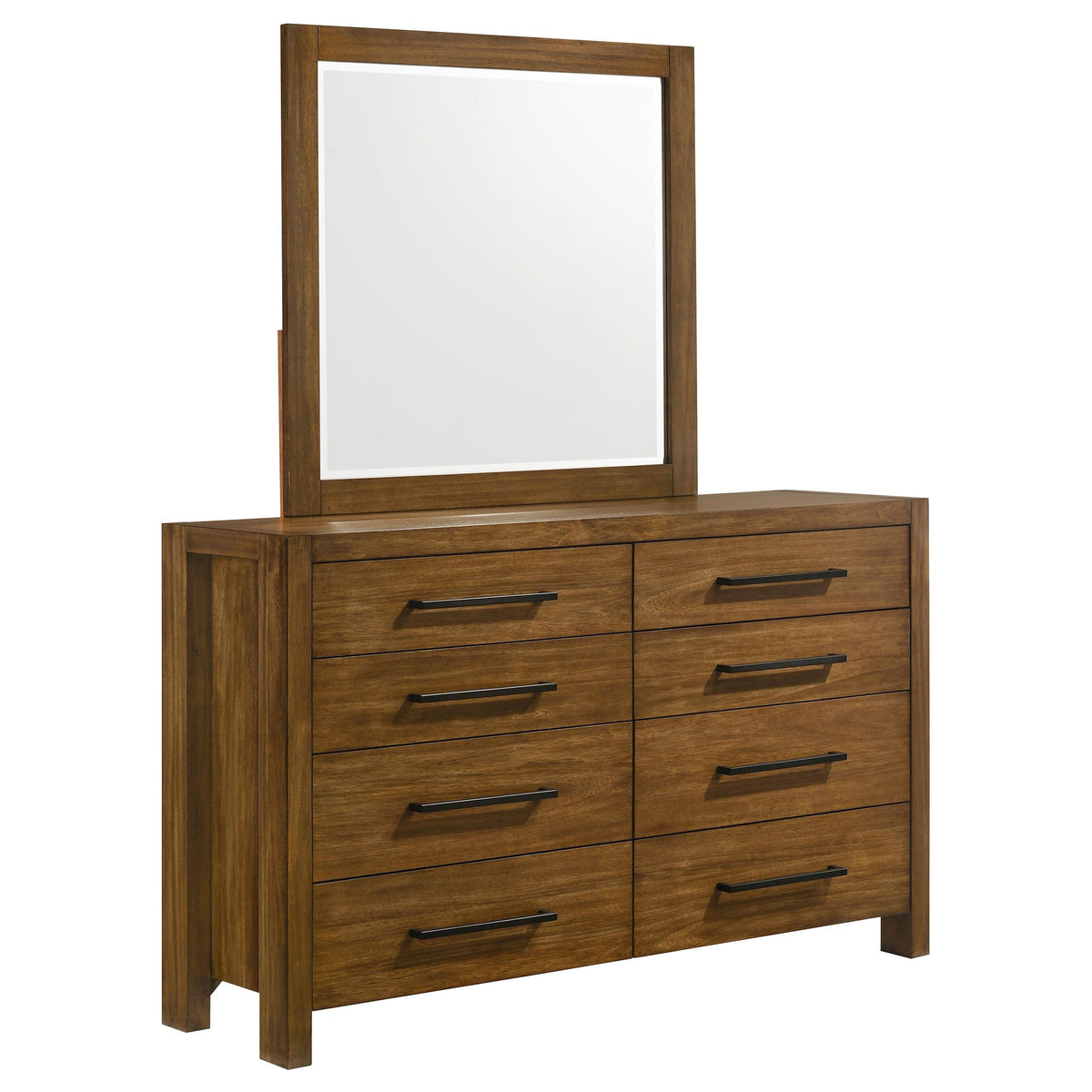 Adderley Warm Brown dresser and mirror, angled view, 8 drawers and black bar pulls