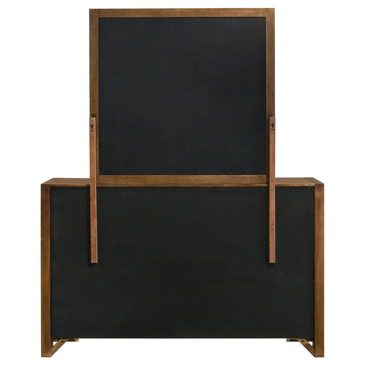 Adderley Warm Brown dresser and mirror, open drawer detail, wood interior and metal slides