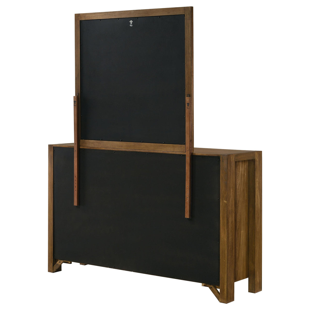 Adderley Warm Brown dresser and mirror, side profile, thick legs and framed mirror