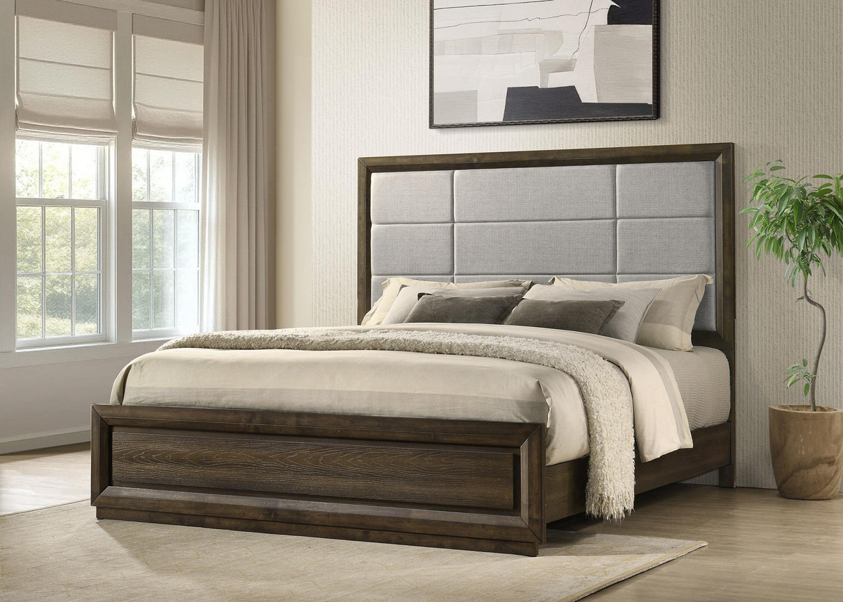 Atlas Dark Oak and Gray 63-inch Eastern King Upholstered Panel Bed from Coaster - Luna Furniture