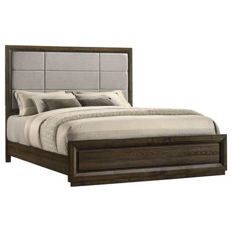 Atlas Dark Oak and Gray 63-inch Eastern King Upholstered Panel Bed from Coaster - Luna Furniture
