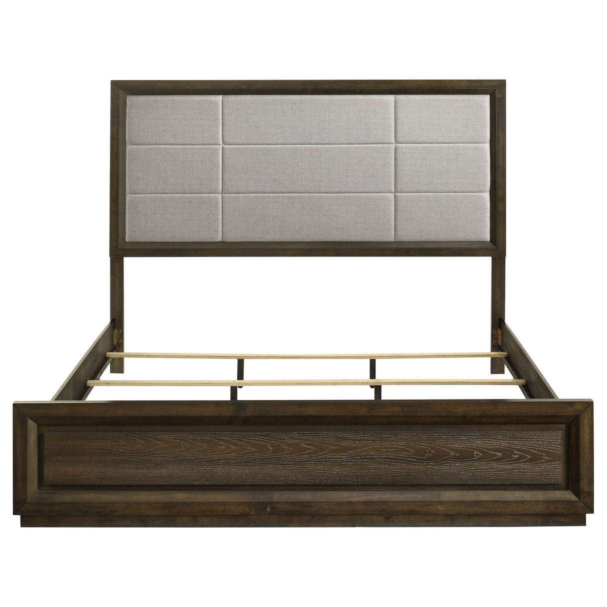 Atlas Dark Oak and Gray 63-inch Eastern King Upholstered Panel Bed from Coaster - Luna Furniture