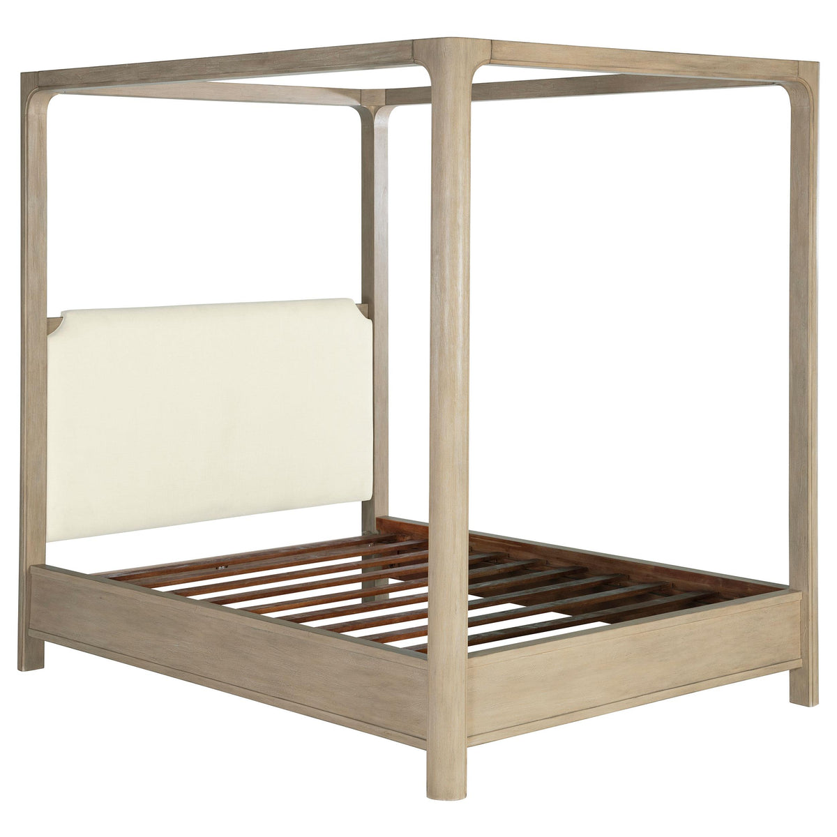 Solano Weathered California King canopy bed, upholstered headboard and slatted base, three-quarter view