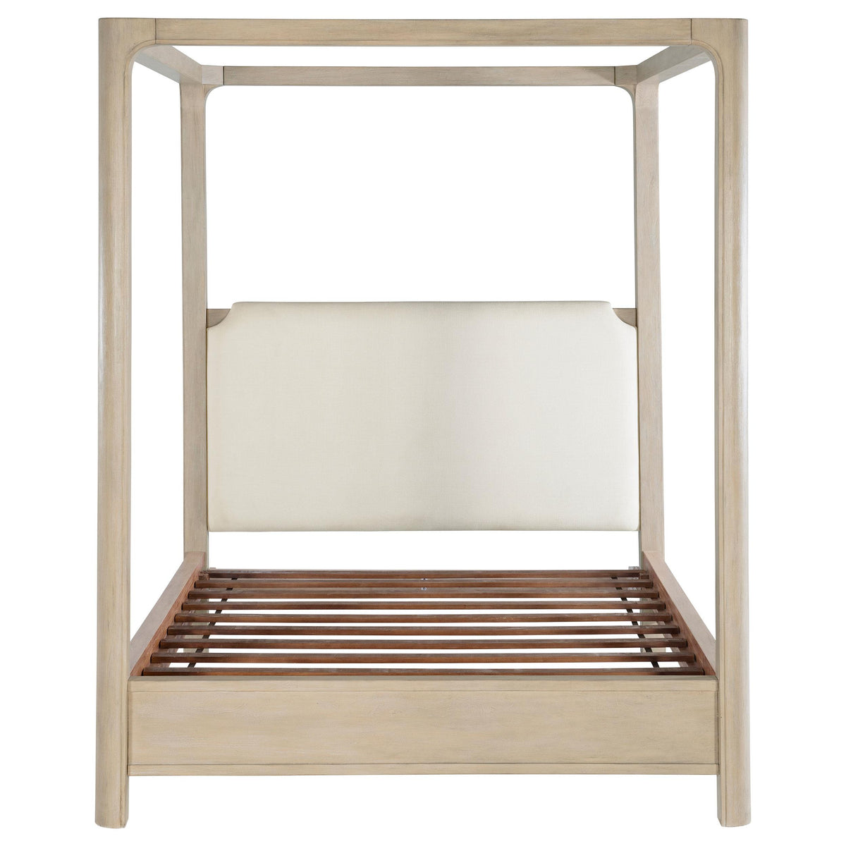 Solano Weathered California King canopy bed, front view, cream upholstered headboard