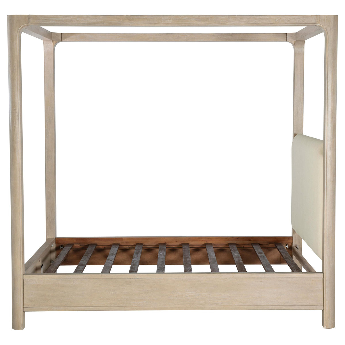 Solano Weathered California King canopy bed, front view with slatted base and upholstered headboard