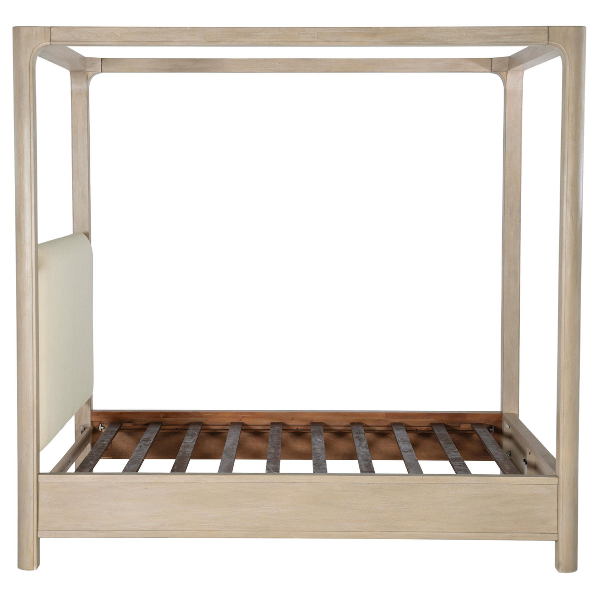 Solano Weathered California King canopy bed, rear three-quarter view, upholstered headboard backing