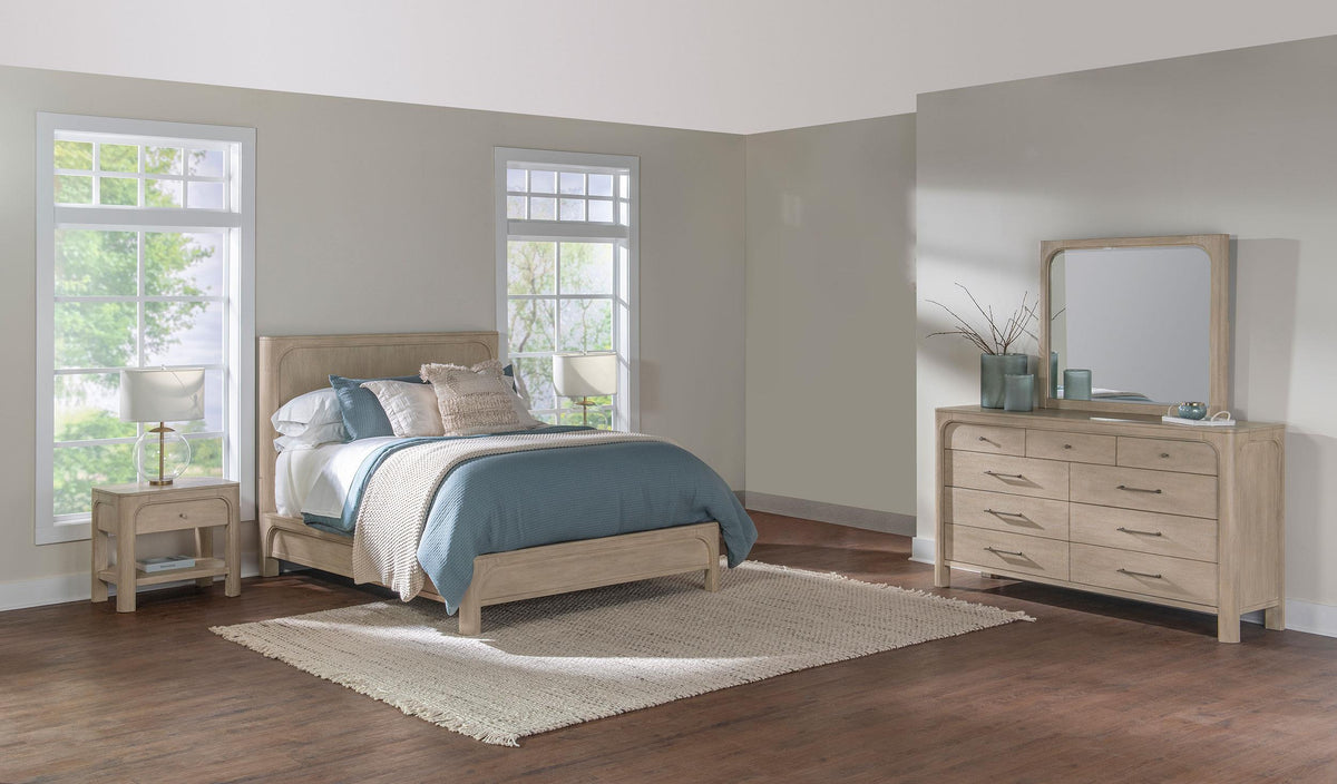 Solano Weathered bedroom set with California king bed, dresser and mirror, light weathered wood finish, lifestyle view