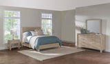 Solano Weathered bedroom set with California king bed, dresser and mirror, light weathered wood finish, lifestyle view