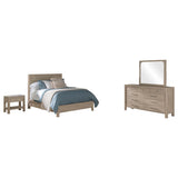 Solano Weathered bedroom set with bed, nightstand and dresser mirror, light wood finish, white background