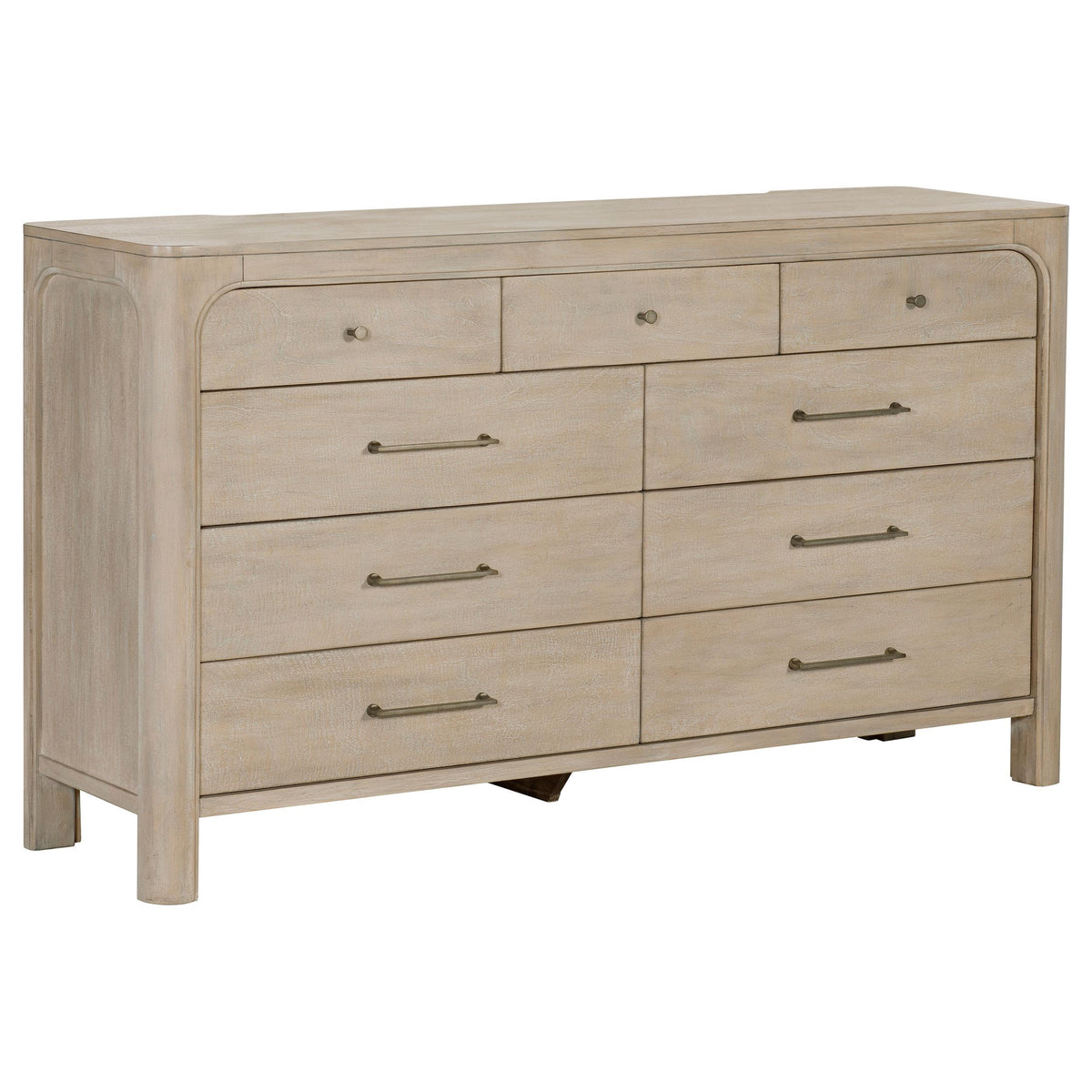 Solano Weathered nightstand, front view with single drawer and shelf, light wood finish