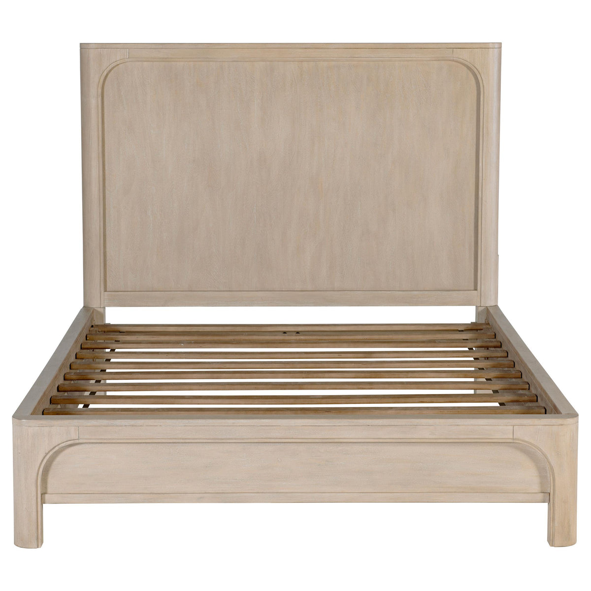 Solano Weathered California King Panel Bed, front view with panel headboard and slat support