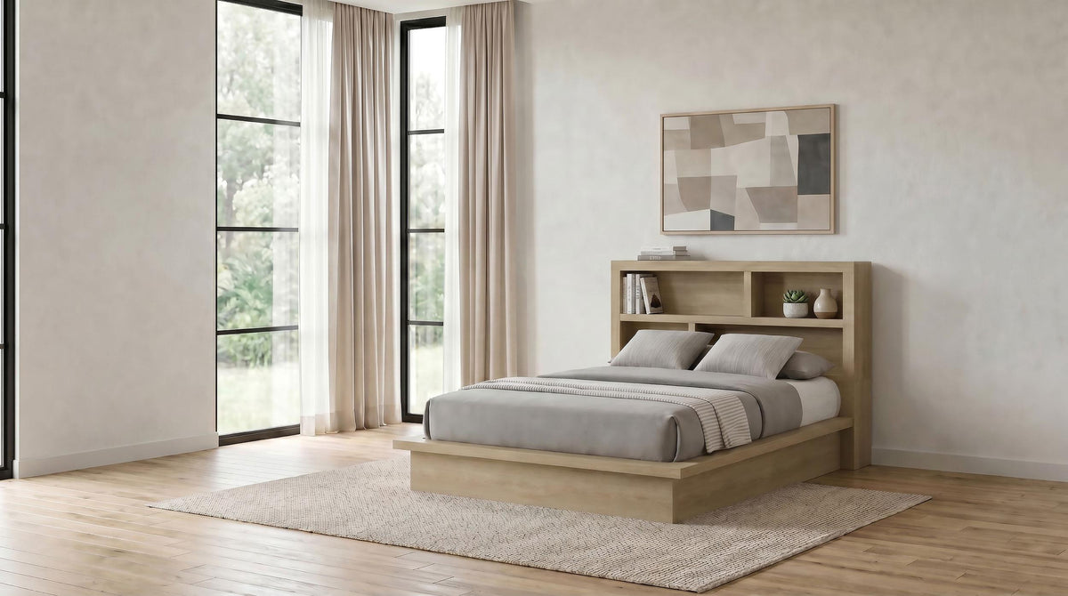 Hendricks Light queen bookcase platform bed in bedroom, light oak finish, front view