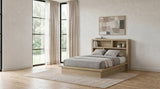 Hendricks Light queen bookcase platform bed in bedroom, light oak finish, front view