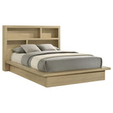 Hendricks Light queen bookcase bed, light oak finish, with bedding front angle