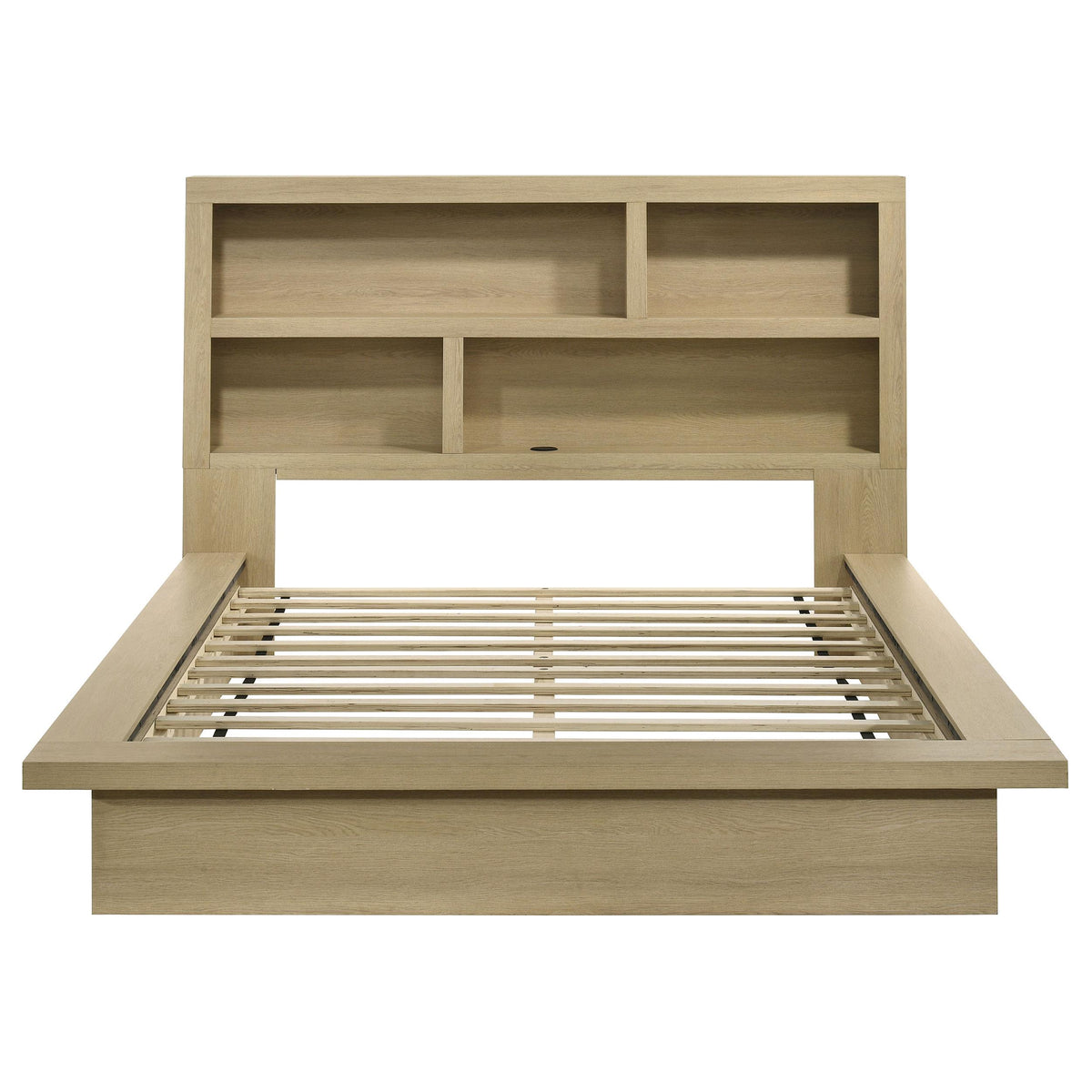 Hendricks Light queen bookcase platform bed, front view, open shelf headboard