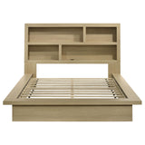 Hendricks Light queen bookcase platform bed, front view, open shelf headboard