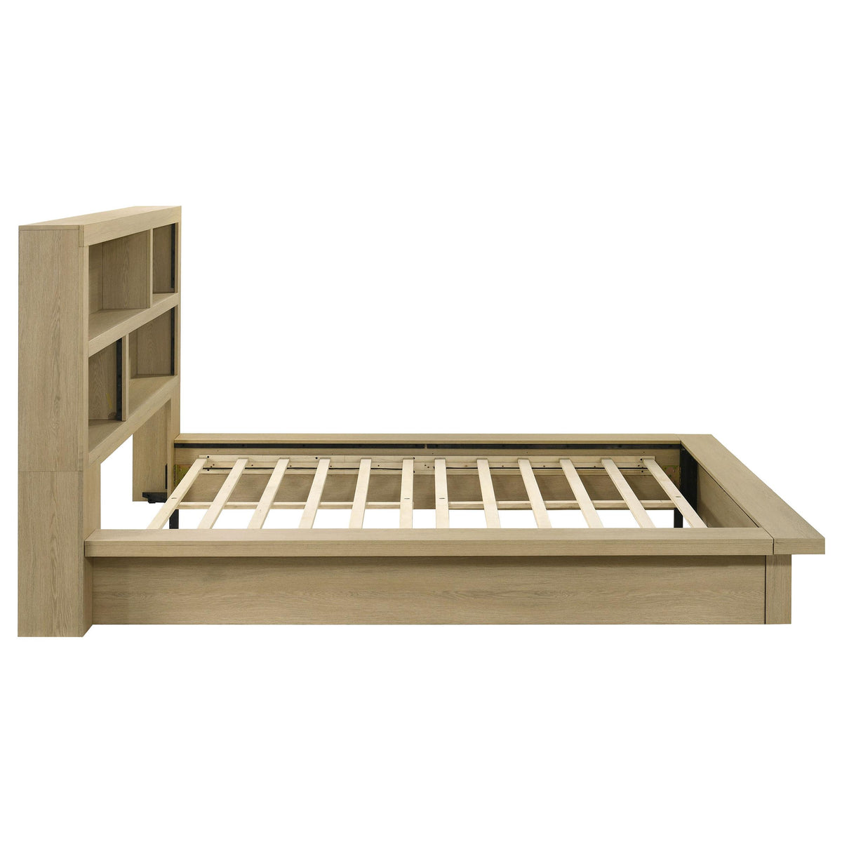 Hendricks Light queen bookcase platform bed, side view, low profile frame