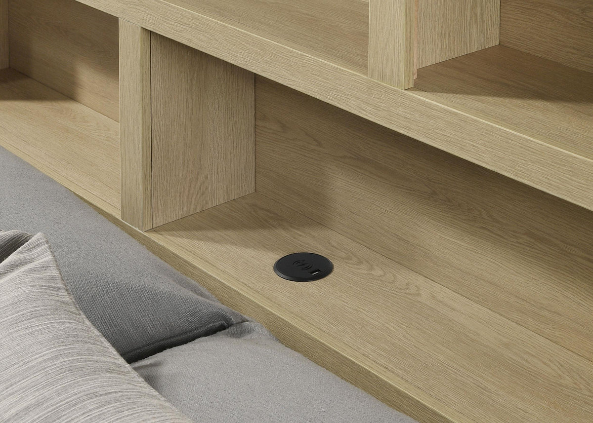 Hendricks Light queen bed, close-up of bookcase shelf and built-in charging port