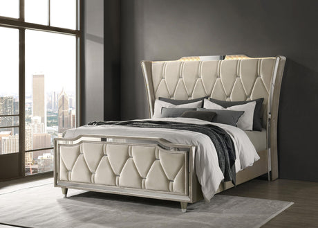 Lorient Ivory and Camel Queen LED Upholstered Wingback Bed from Coaster - Luna Furniture