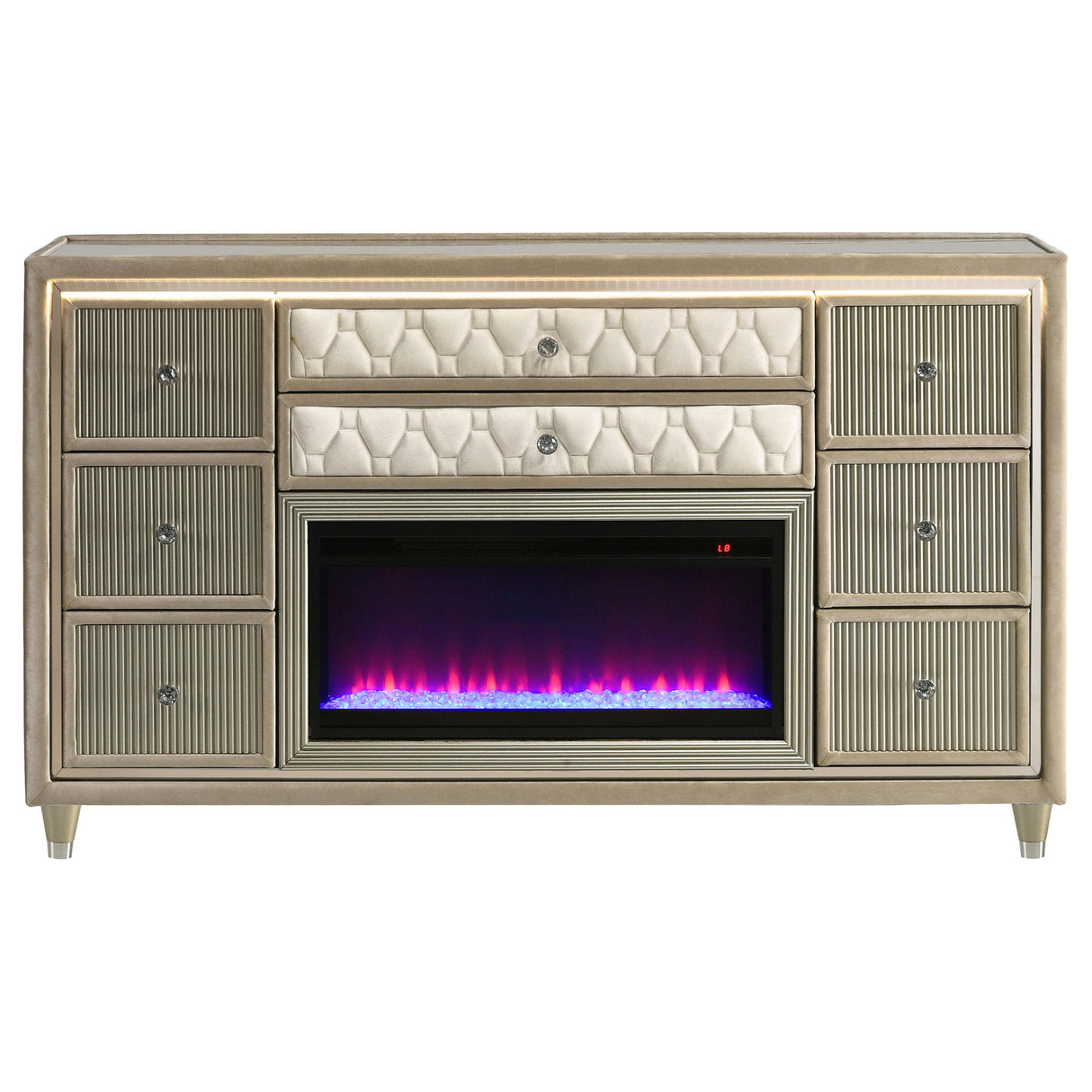 Lorient Ivory and Camel 8-Drawer LED Bedroom Flame Box Dresser from Coaster - Luna Furniture