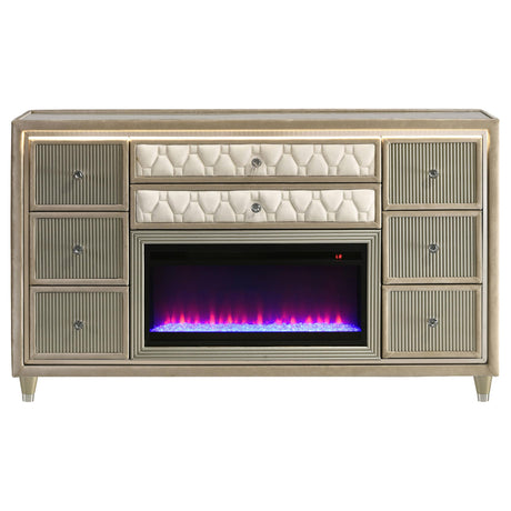 Lorient Ivory and Camel 8-Drawer LED Bedroom Flame Box Dresser from Coaster - Luna Furniture