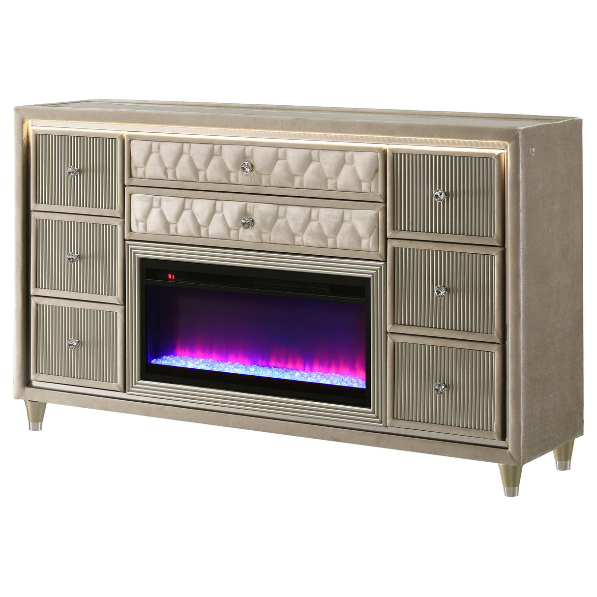 Lorient Ivory and Camel 8-Drawer LED Bedroom Flame Box Dresser from Coaster - Luna Furniture