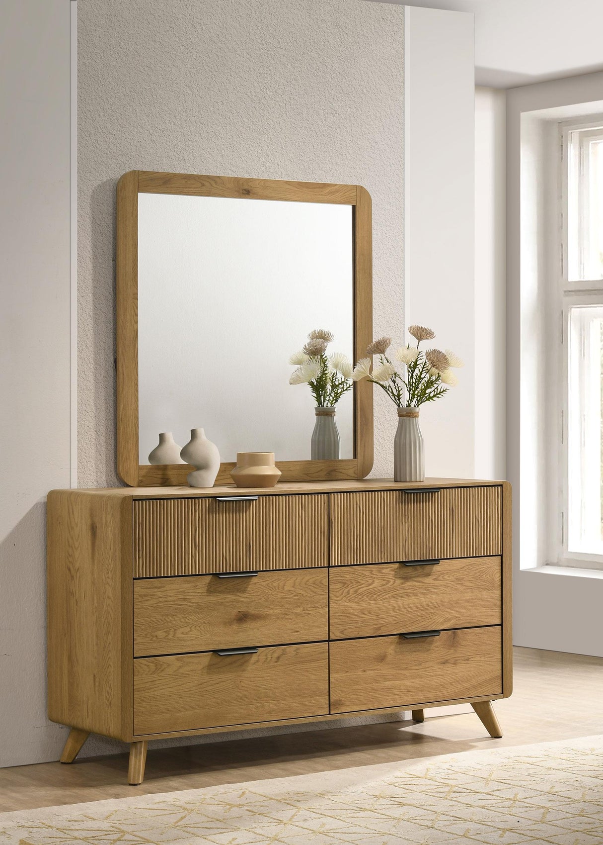 Bennett Light Oak 6-drawer Bedroom Dresser and Mirror Set from Coaster - Luna Furniture