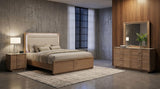 Leanne Light bedroom set in styled room, light oak finish with upholstered LED headboard