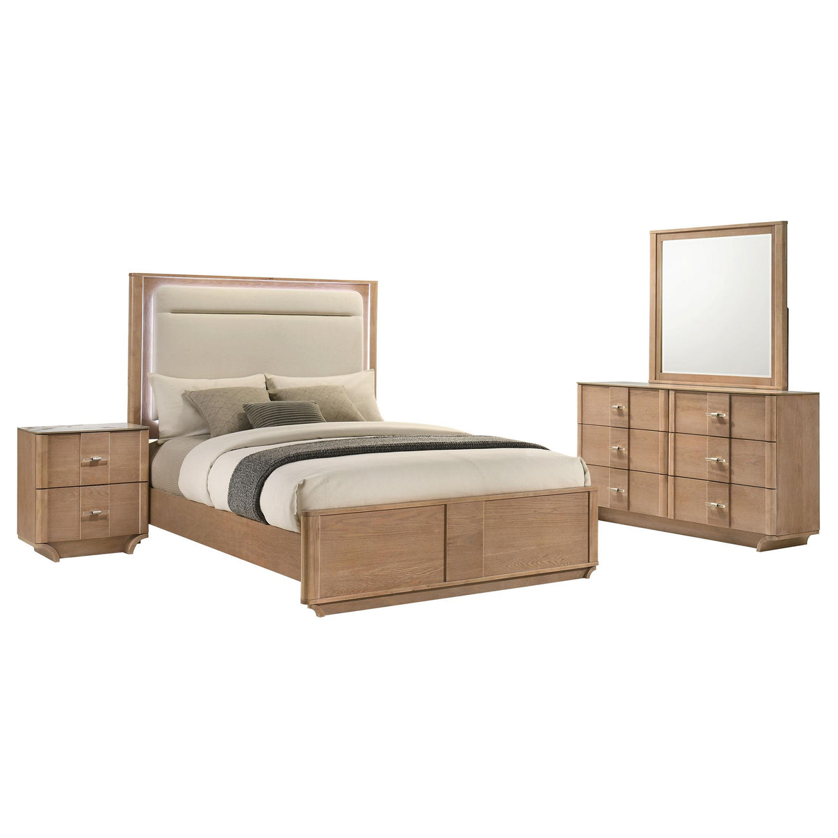 Leanne Light 4-piece Eastern King Bedroom Set, light oak finish, upholstered headboard and matching case pieces, studio view