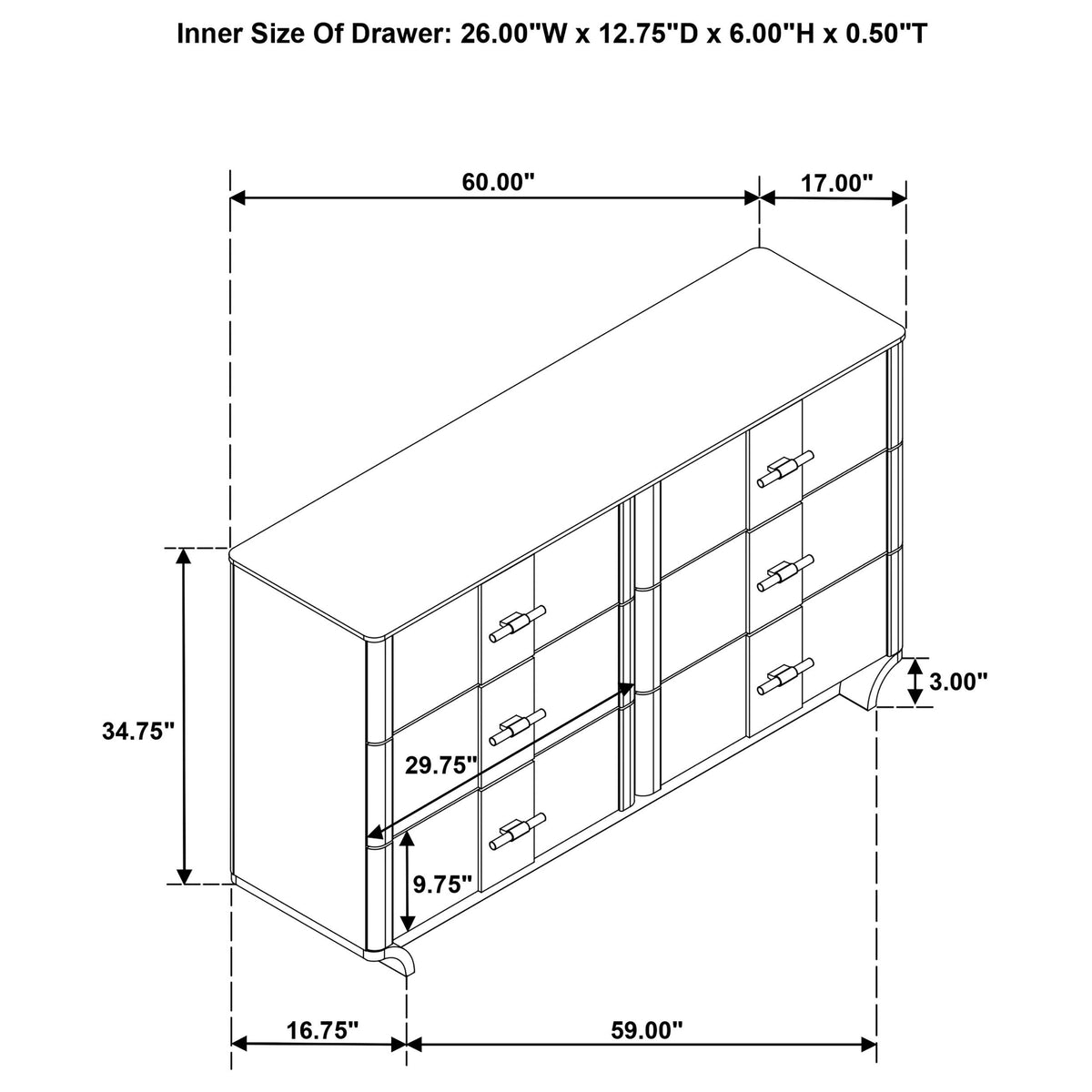 Leanne Light dresser dimensions chart, six-drawer measurements and overall width labeled