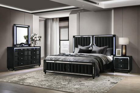 Ravenne Black 4-piece Velvet Upholstered Eastern King LED Bedroom Set from Coaster - Luna Furniture
