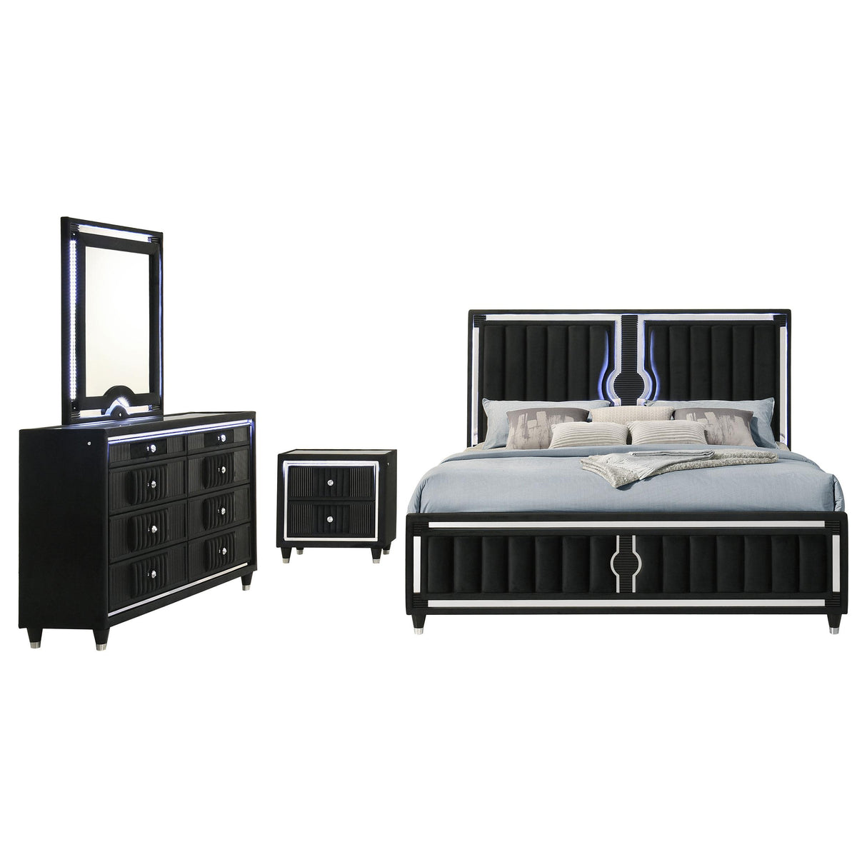 Ravenne Black 4-piece Velvet Upholstered Eastern King LED Bedroom Set from Coaster - Luna Furniture